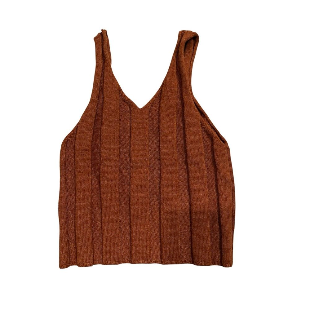 Women’s Ribbed Knit Crop Tank Top Brown V-Neck Sleeveless Size L